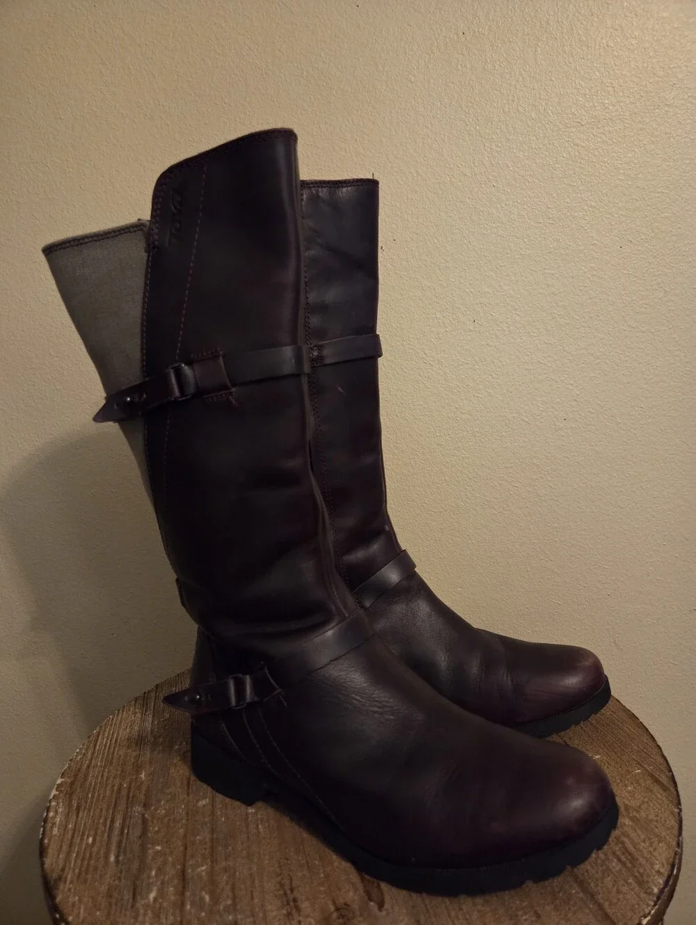 TEVA De La Vina Brown Leather Grey Canvas Tall Waterproof Gorpcore Riding Boots